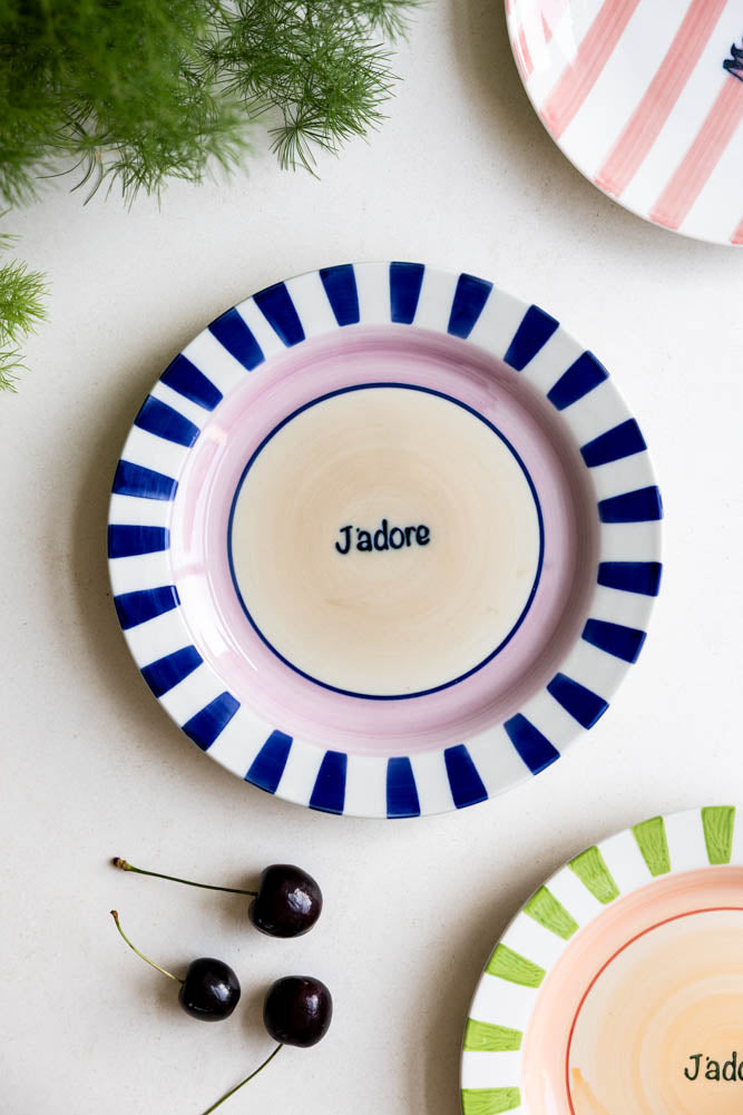 Assiette de service en céramique J'adore bleu et rose