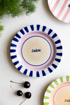 Assiette de service en céramique J'adore bleu et rose