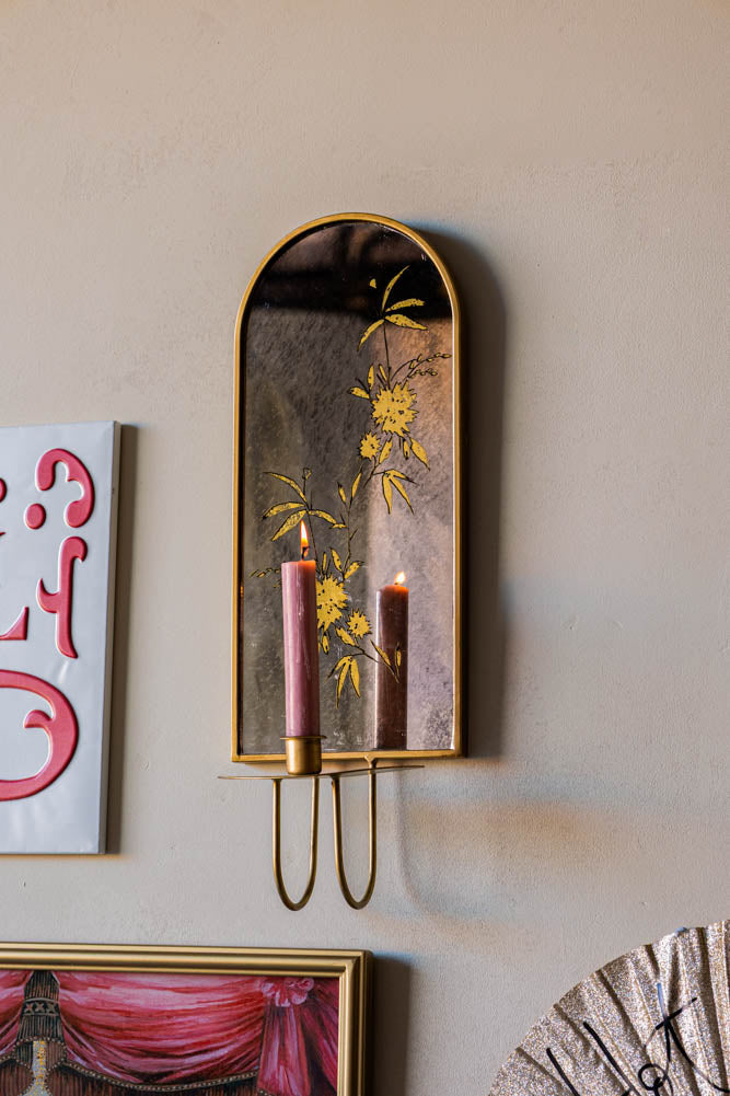 Applique murale à bougie florale en miroir doré et renardé