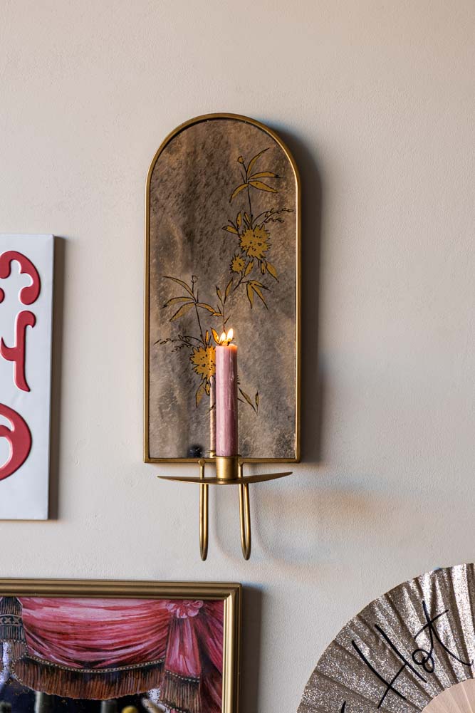Applique murale à bougie florale en miroir doré et renardé