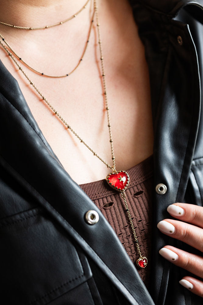Collier chaîne superposée cœur et étoile en or et rouge