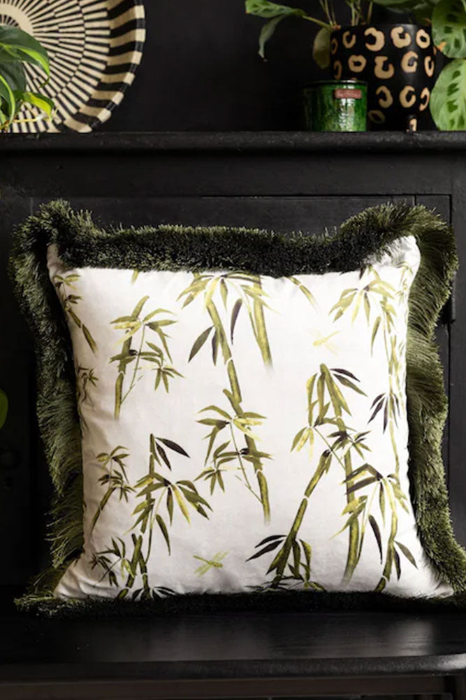 Coussin imprimé bambou vert avec bordure à franges