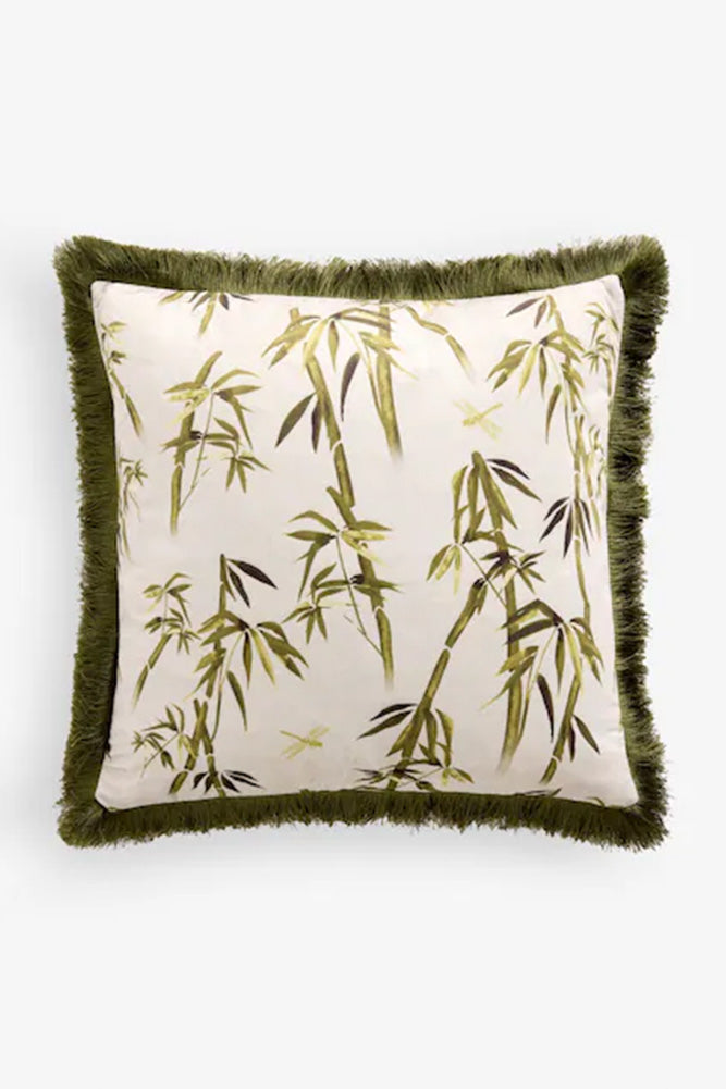 Coussin imprimé bambou vert avec bordure à franges