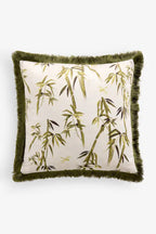 Coussin imprimé bambou vert avec bordure à franges