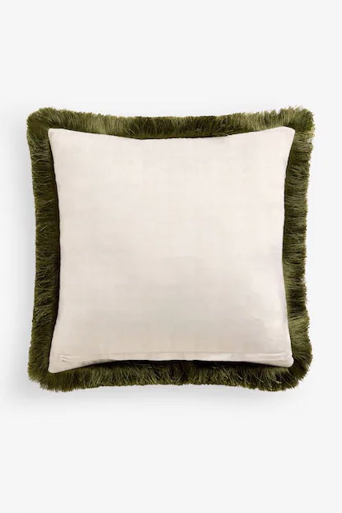 Coussin imprimé bambou vert avec bordure à franges