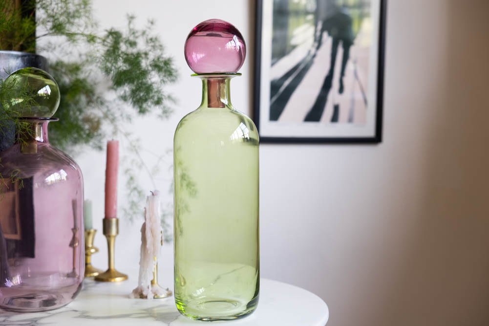 Grande bouteille d'apothicaire verte et rose