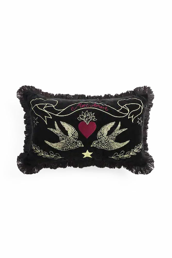 Coussin brodé noir Love Birds More Amore