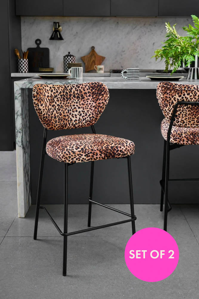 Lot de 2 tabourets de bar en velours imprimé léopard