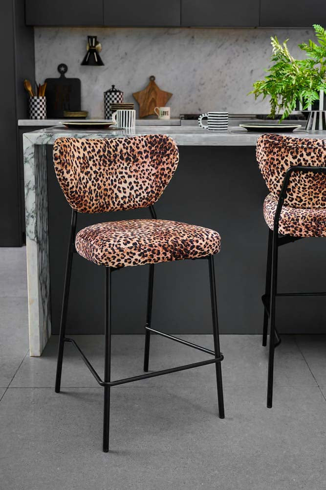 Lot de 2 tabourets de bar en velours imprimé léopard