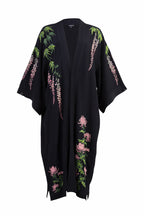 Kimono noir Glycine et chrysanthèmes - Disponible en 2 longueurs