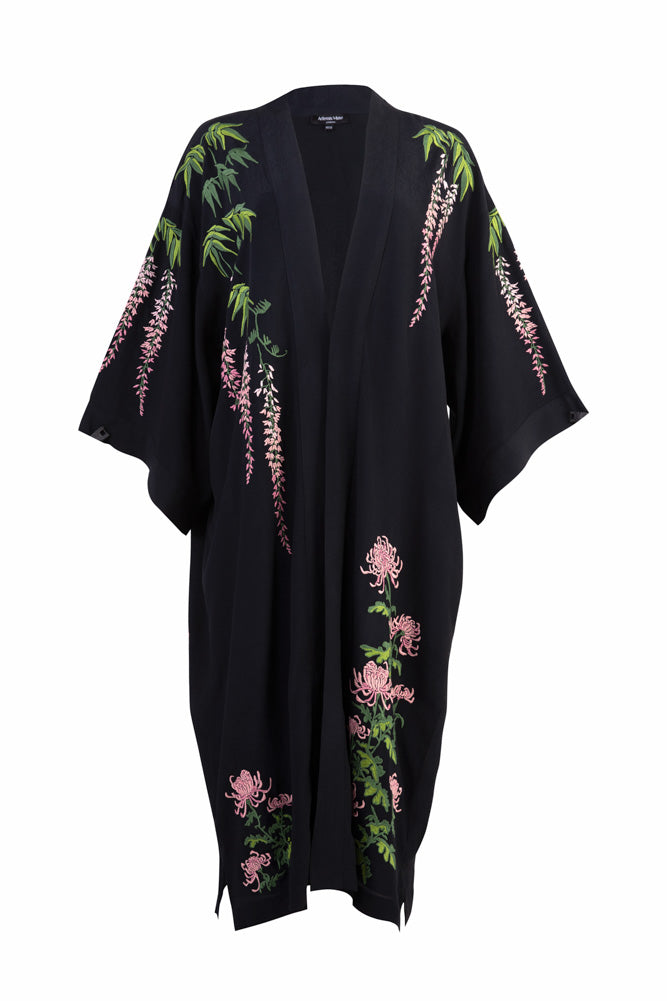 Kimono noir Glycine et chrysanthèmes - Disponible en 2 longueurs
