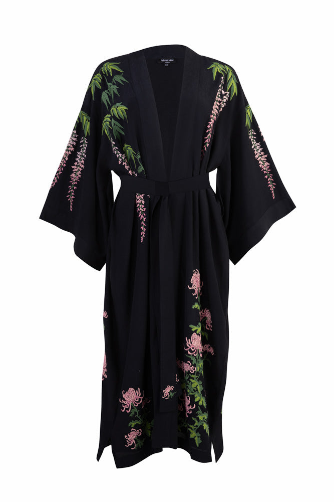 Kimono noir Glycine et chrysanthèmes - Disponible en 2 longueurs