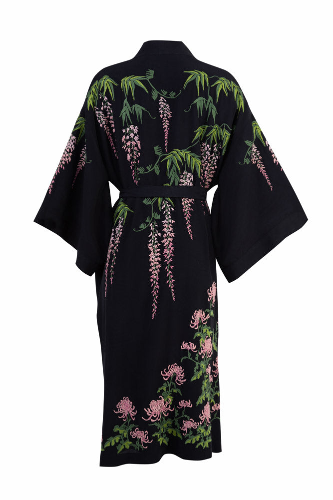 Kimono noir Glycine et chrysanthèmes - Disponible en 2 longueurs