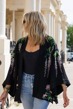 Kimono noir Glycine et chrysanthèmes - Disponible en 2 longueurs